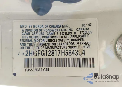 2007 Honda Civic Ex from USA, damaged, VIN 2HGFG12817H584334